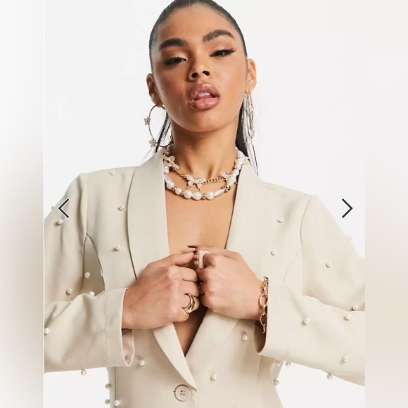 NWT! Saint Genies Pearl Studded Tan Boyfriend Blazer - Embellished - Picture 3 of 16